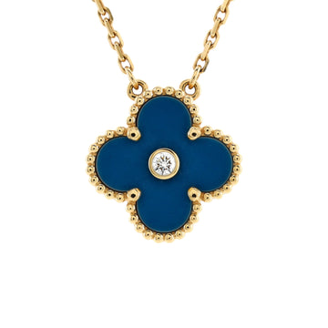 Van Cleef & Arpels Vintage Alhambra Pendant Necklace 18K Yellow Gold and Blue Sevres Porcelain with Diamond