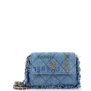 Chanel Denim Mood Flap Clutch with Chain Logo Printed Quilted Fringe Denim