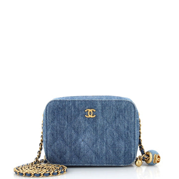 Chanel Pearl Crush Zip Around Vanity Case with Chain Quilted Denim Mini
