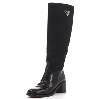 Prada Women's Logo Plaque Detail Knee High Boots Leather and Nylon
