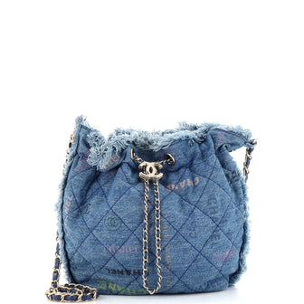 Chanel Denim Mood Chain Bucket Bag Logo Printed Quilted Fringe Denim Medium