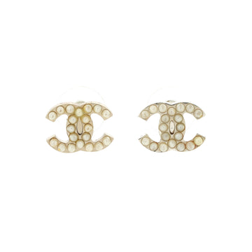 Chanel CC Stud Earrings Metal with Faux Pearls