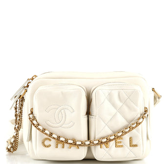 Chanel Logo Twin Pockets Chain Camera Case Quilted Calfskin Small