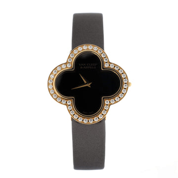 Alhambra Quartz Watch Yellow Gold and Satin with Diamond Bezel and Onyx 26