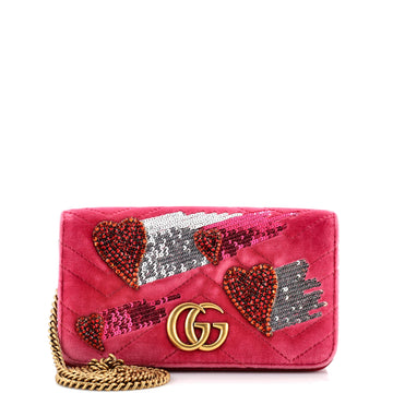 Gucci GG Marmont Heart Chain Flap Bag Sequin Embellished Matelasse Velvet Mini