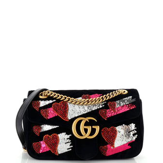 Gucci GG Marmont Flap Bag Embroidered Matelasse Velvet Small