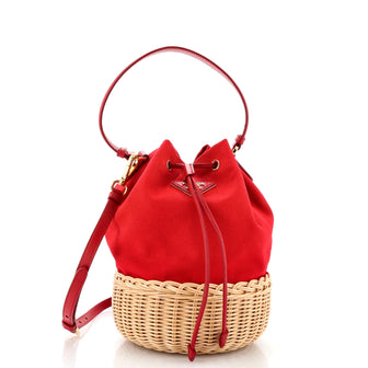 Prada Drawstring Bucket Bag Printed Canvas and Wicker Small