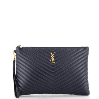 Saint Laurent Classic Monogram Wristlet Pouch Matelasse Chevron Leather Large
