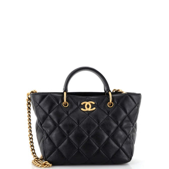 Chanel CC Top Handle Chain Shopping Tote Quilted Lambskin Small