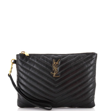 Saint Laurent Classic Monogram Wristlet Pouch Matelasse Chevron Leather Small