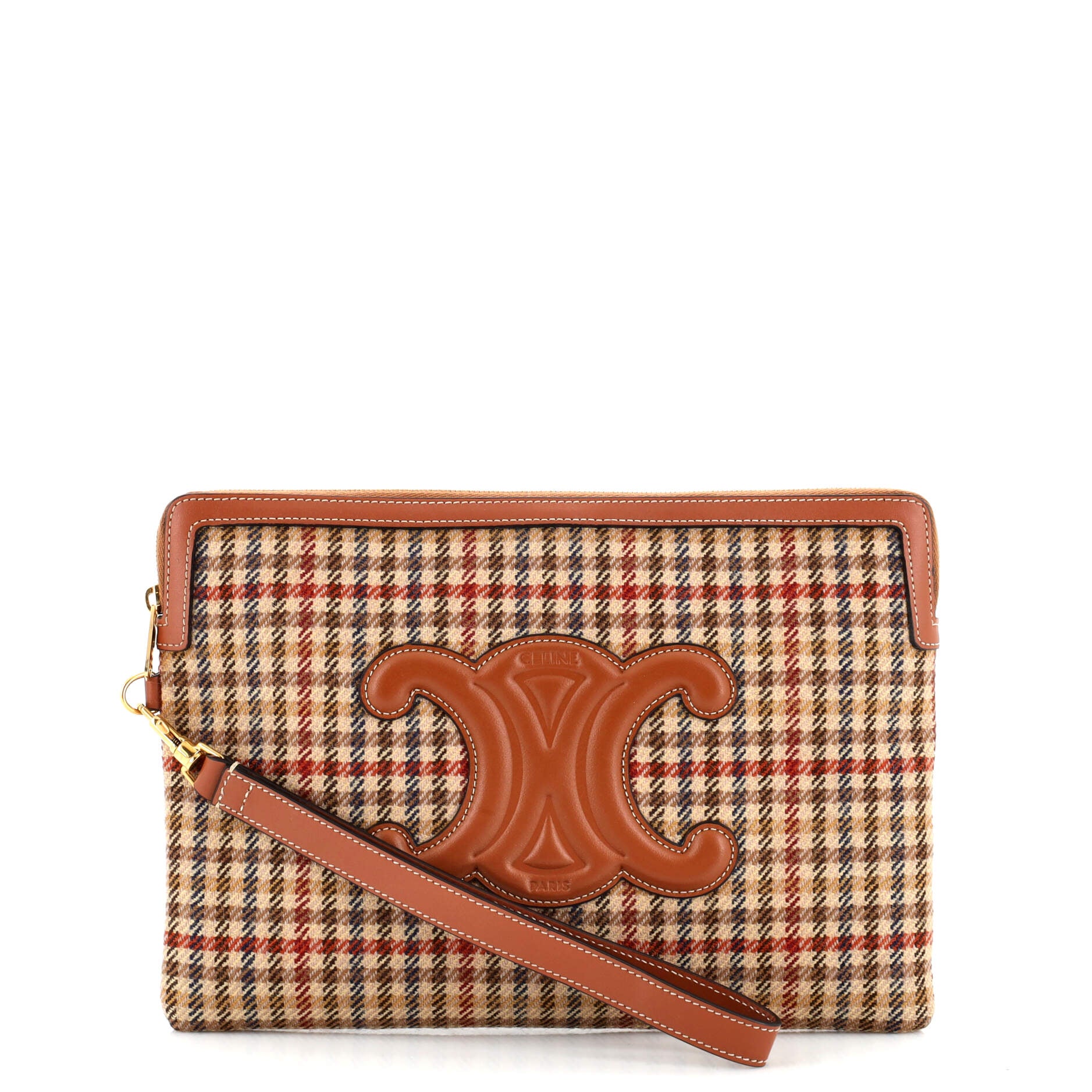 Celine Cuir Triomphe Wristlet Pouch Tweed with Leather Small Brown