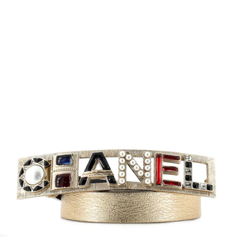 Chanel Logo Letters Cutout Buckle Belt Leather with Metal, Crystals, Faux Pearls and Resin Thin
