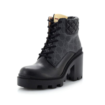 Gucci Women's Lace Up Heeled Ankle Boots GG Coated Canvas with Quilted Leather