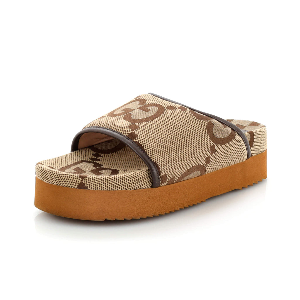 GUCCI モノグラム ミュール ブラウン37.5 Gucci Women's Platform Slide Sandals Jumbo GG Canvas 274512