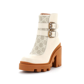 Gucci Women's Double Buckle Lug Sole Ankle Boots Leather with GG Coated Canvas