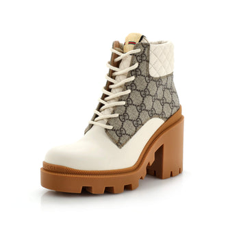 Gucci Women's Lace Up Heeled Ankle Boots GG Coated Canvas with Quilted Leather