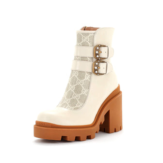 Gucci Women's Double Buckle Lug Sole Ankle Boots Leather with GG Coated Canvas