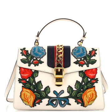 Gucci Sylvie Top Handle Bag Embroidered Leather Medium