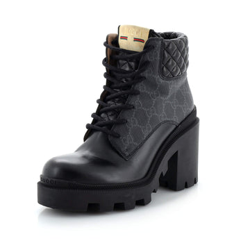 Gucci Women's Lace Up Heeled Ankle Boots GG Coated Canvas with Quilted Leather