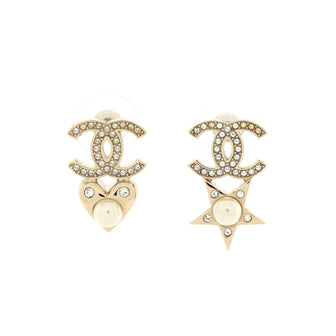 Chanel Charming Winter CC Heart Star Earrings Crystal Embellished Metal and Faux Pearls