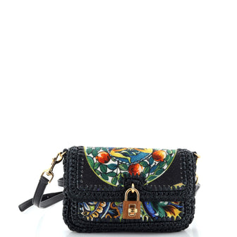 Dolce & Gabbana Padlock Shoulder Bag Printed Canvas and Woven Raffia Small