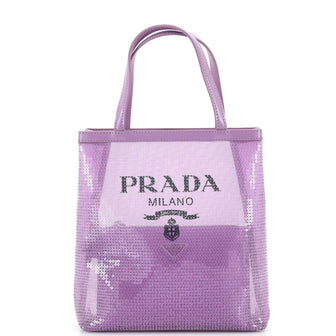 Prada Logo Open Tote Sequined Mesh Small