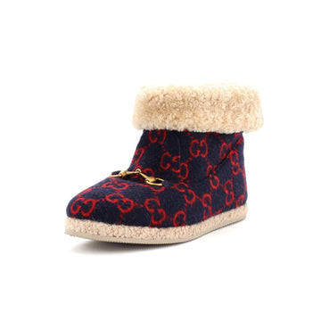 Gucci Women's Fria Horsebit Ankle Boots GG Wool and Shearling