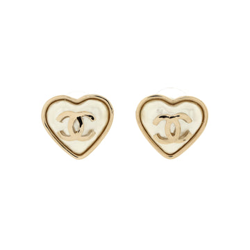 Chanel CC Heart Stud Earrings Metal and Faux Pearl