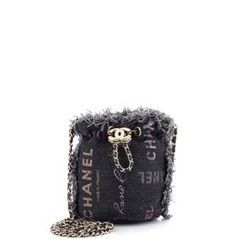 Chanel Denim Mood Chain Bucket Bag Logo Printed Quilted Fringe Denim Mini