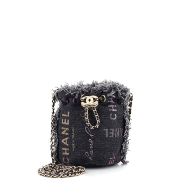 Chanel Denim Mood Chain Bucket Bag Logo Printed Quilted Fringe Denim Mini