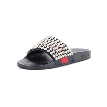 Gucci Women's Web Slide Sandals Leather and Rubber with Crystals