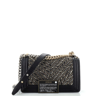 Chanel Boy Flap Bag Studded Chevron Calfskin with Tweed Old Medium