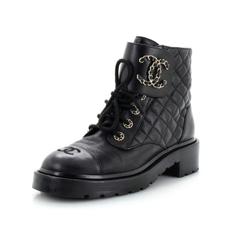 Chanel Women's Chain CC Cap Toe Lace Up Combat Boots Quilted Leather