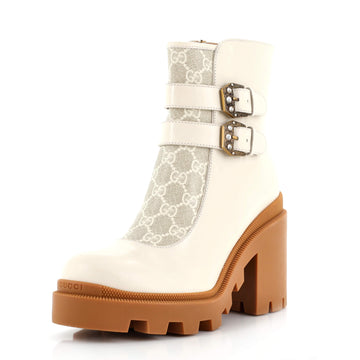 Gucci Women's Double Buckle Lug Sole Ankle Boots Leather with GG Coated Canvas