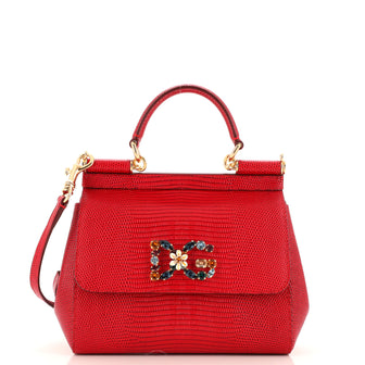 Dolce & Gabbana Miss Sicily Bag Lizard Embossed Leather with Crystal Detail Small
