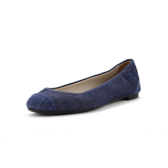 Chanel Women's CC Cap Toe Bow Ballerina Flats Denim with Embroidered Fringe Detail