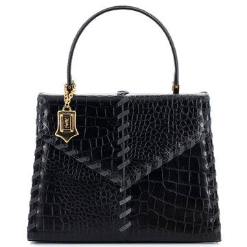 Saint Laurent Vintage Top Handle Flap Bag Stitched Crocodile Embossed Leather
