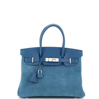 Hermes Grizzly Birkin Handbag Blue Doblis Suede with Swift with Palladium Hardware 30