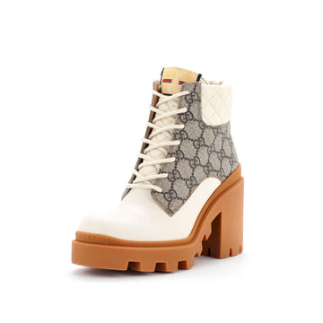 Gucci Women's Lace Up Heeled Ankle Boots GG Coated Canvas with Quilted Leather