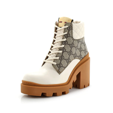 Gucci Women's Lace Up Heeled Ankle Boots GG Coated Canvas with Quilted Leather