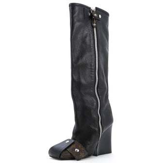 Louis Vuitton Women's Patti Wedge Half Knee High Boots Leather with Monogram Canvas