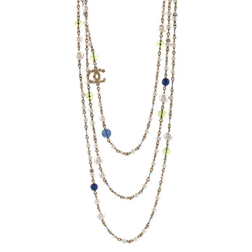 Chanel CC Triple Strand Necklace Metal with Faux Pearls and Crystals Long