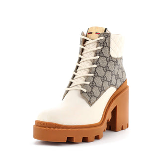 Gucci Women's Lace Up Heeled Ankle Boots GG Coated Canvas with Quilted Leather