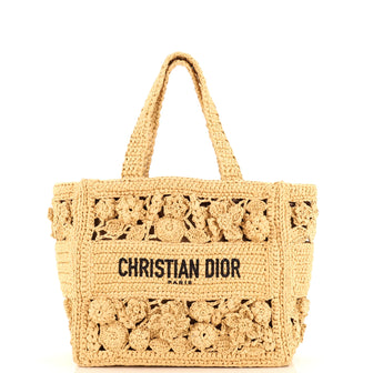 Christian Dior Book Tote Floral Woven Raffia Small
