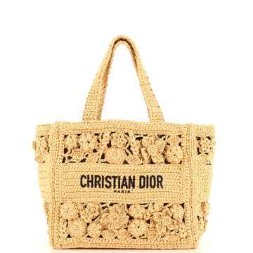 Christian Dior Book Tote Floral Woven Raffia Small