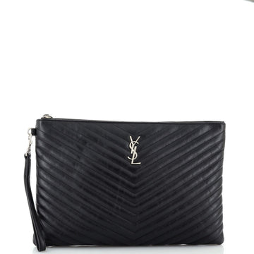 Saint Laurent Classic Monogram Wristlet Pouch Matelasse Chevron Leather Large