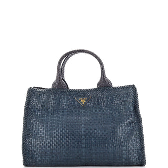 Prada Convertible Open Tote Madras Woven Leather Medium