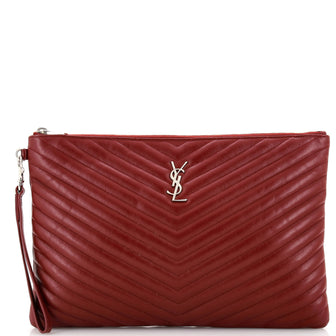 Saint Laurent Classic Monogram Wristlet Pouch Matelasse Chevron Leather Large