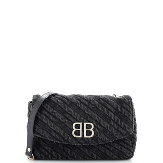 Balenciaga BB Chain Round Shoulder Bag Quilted Embroidered Denim Small