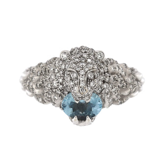 Gucci Lion Head Ring 18K White Gold with Pave Diamonds and Aquamarine
